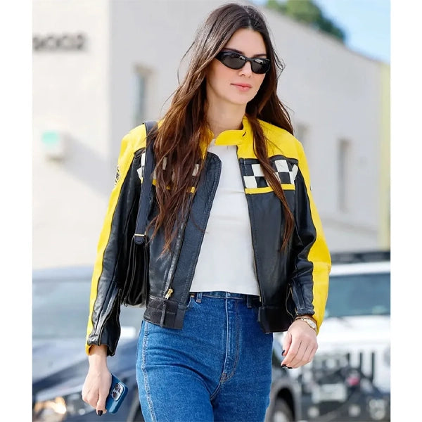 Kendall Jenner Race Flag Cafe Racer Leather Jacket