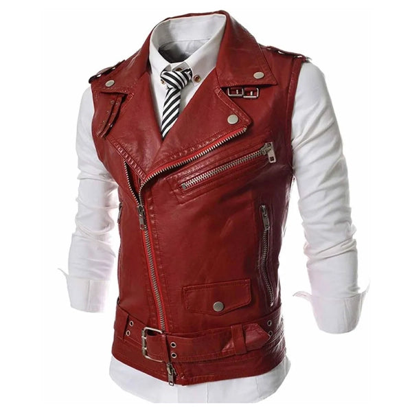 Mens Slim Fit Red Biker Vest